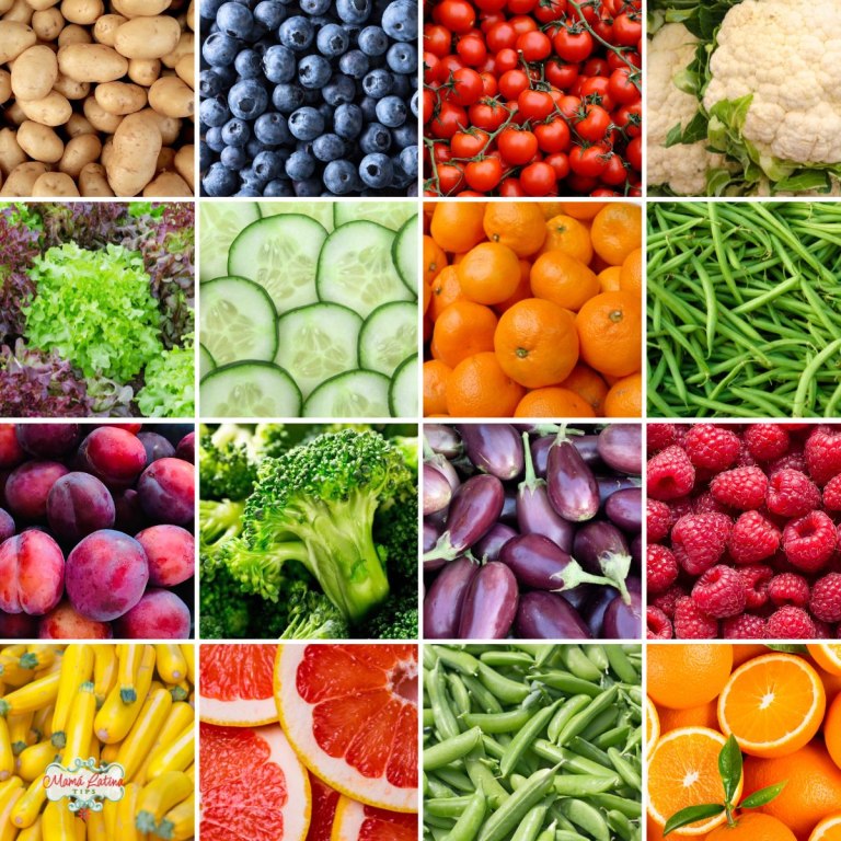 A collage of various fresh fruits and vegetables, including selections from the "dirty dozen" and "clean 15," in a vibrant display.