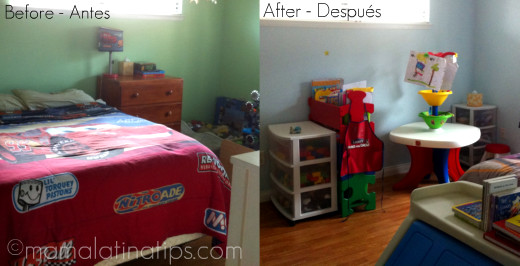 A side by side photo of a boys room makeover, before and after.