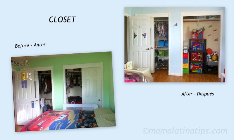 A collage with two photos showing a closet makeover before and after. 