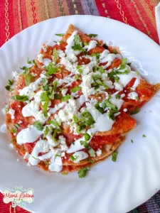 A plate of red chilaquiles topped with crumbled cheese, crema, and chopped cilantro—reminiscent of tasty Cheese Entomatadas—served on a white plate with a colorful woven tablecloth underneath.