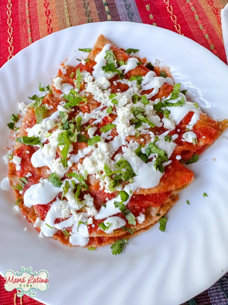 A plate of Cheese Entomatadas, is topped with crumbled cheese, crema, and chopped cilantro on a white dish, set on a colorful woven tablecloth.
