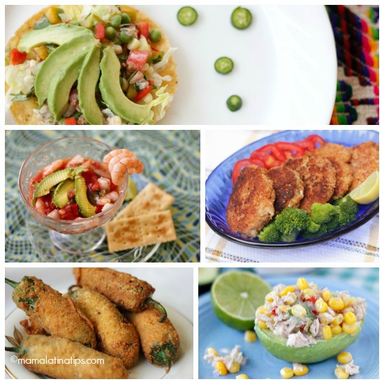 un collage de cinco fotos con recetas de atún, camarones y vegetarianas