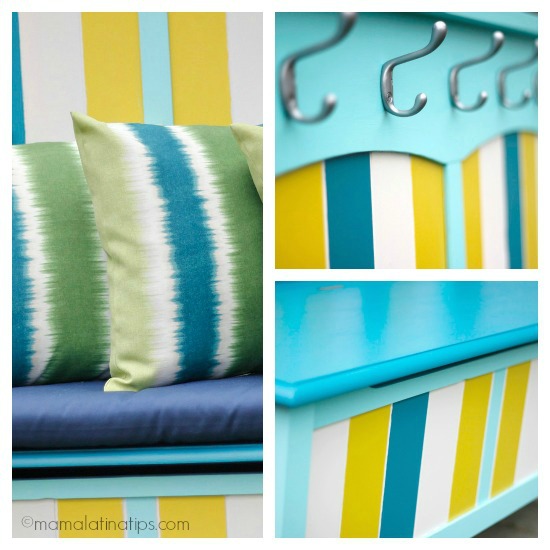 collage of a bench painted with submerged colors details - 