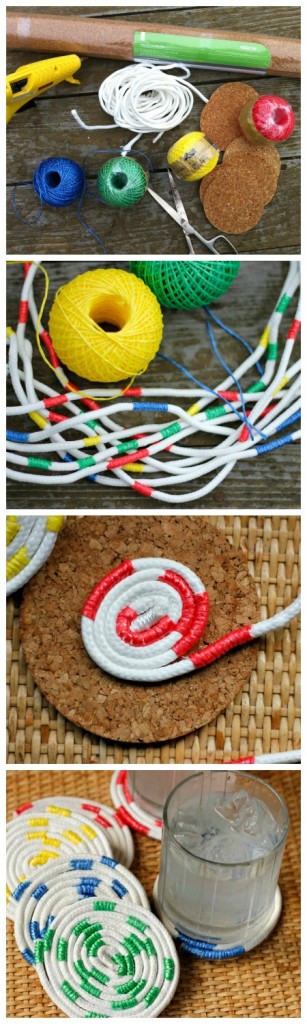 Un collage con el proceso para hacer portavasos de cuerda