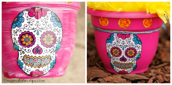 Day of the Dead pots before and after mod podge