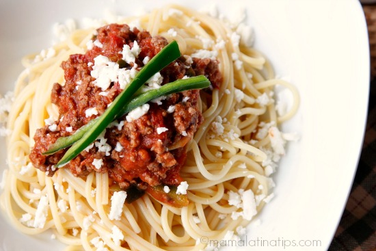 Chipotle spaghetti with ground beef and cotija cheese