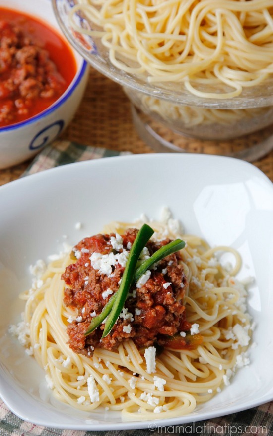 Chipotle spaghetti with beef and cotija cheese