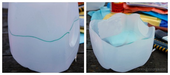 Cutting a milk jug for an art project - mamalatinatips.com