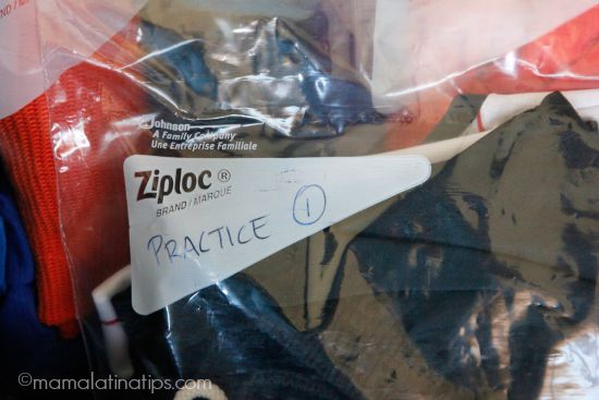 soccer practice clotes in ziploc bag