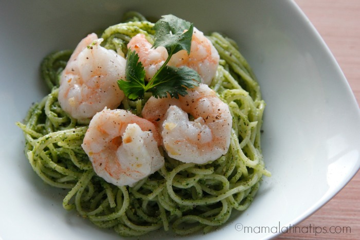 Cilantro pesto and shrimp pasta - mamalatinatips.com