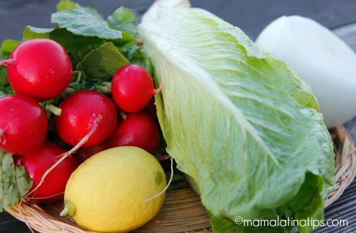 A bunch of radishes, lettuce, white onion and one lemon.