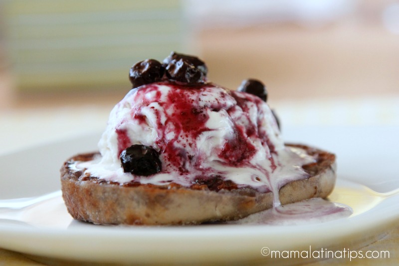 Purple French Toast with vanilla ice cream and blueberry sauce by mamalatinatips.com