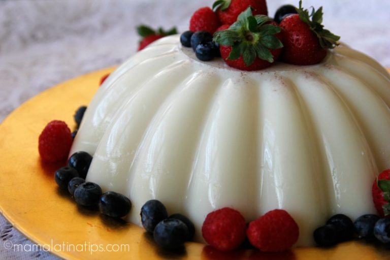 A silky milk gelatin topped with a medley of fresh berries and juicy blueberries.