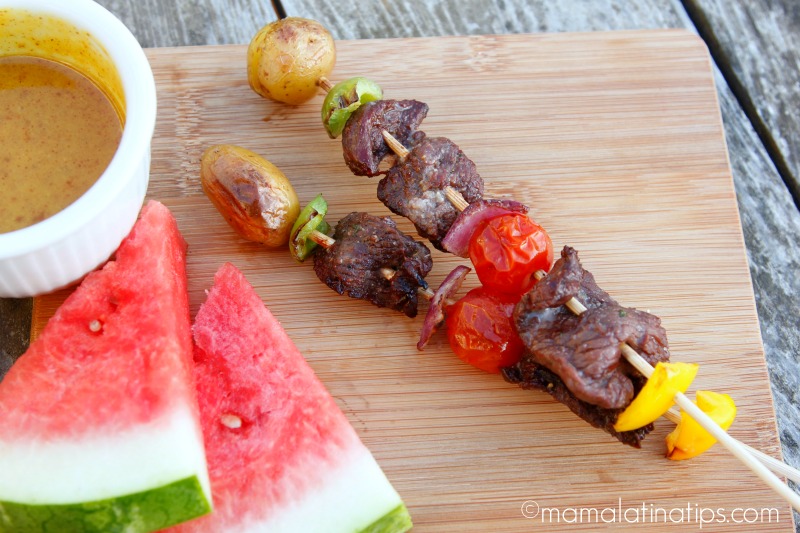 Grilled Angus Beef Kabobs for Kids with watermelon slices and dipping sauce