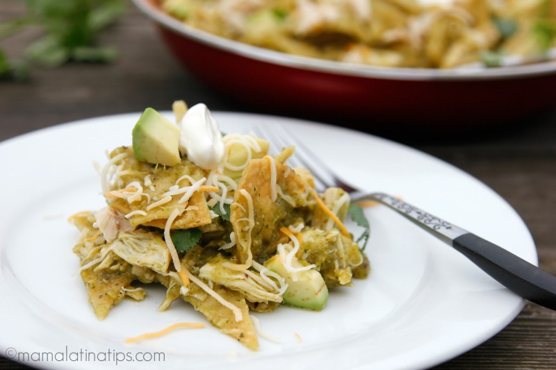 green chilaquiles with chicken, avocado and cheese
