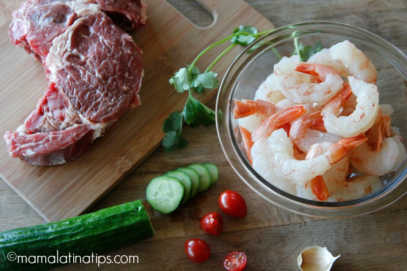 Steak shrimp and vegetables