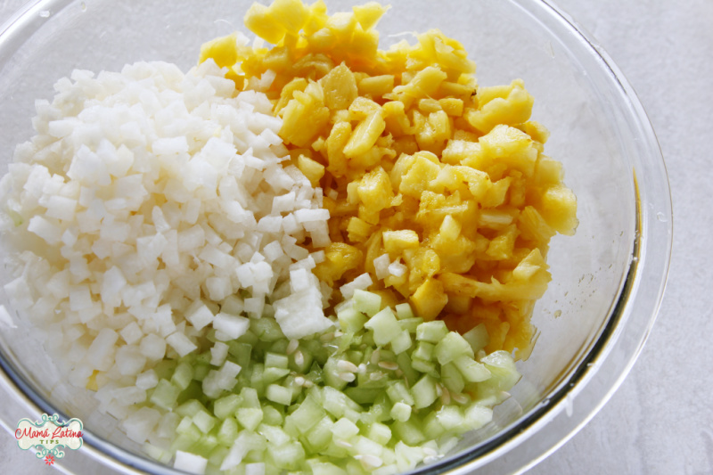 chopped pineapple, jicama and cucumber