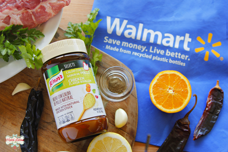 Knorr Selects Chicken Flavor Bouillon jar, Walmart bag, oranges and garlic