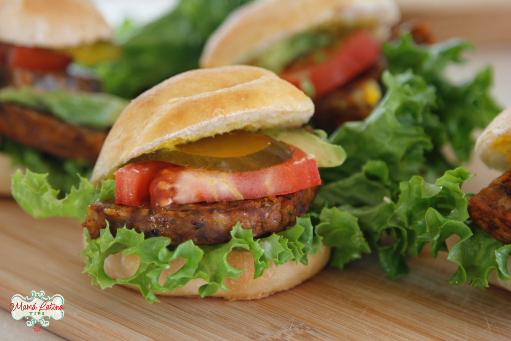 black bean sliders with lettuce, tomato, pickle and avocado