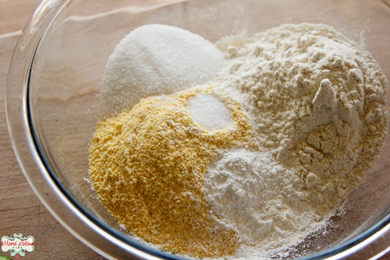 Cornmeal, salt, flour and sugar in a glass bowl