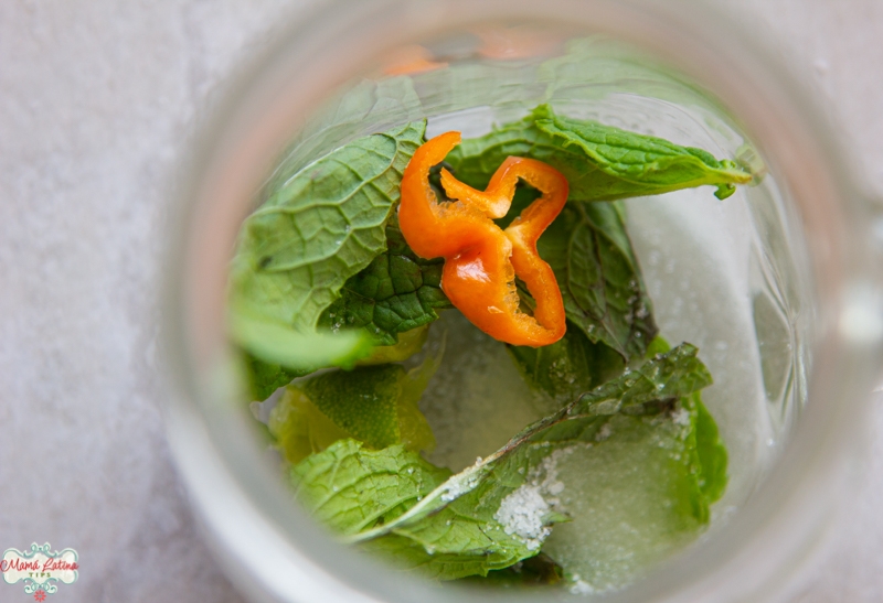 Hojas de menta, una rodaja de chile habanero y azúcar en un vaso de cristal.