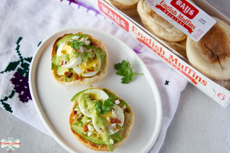 Two Hard-Boiled Egg Avocado English Muffins next to a Bays English Muffins package