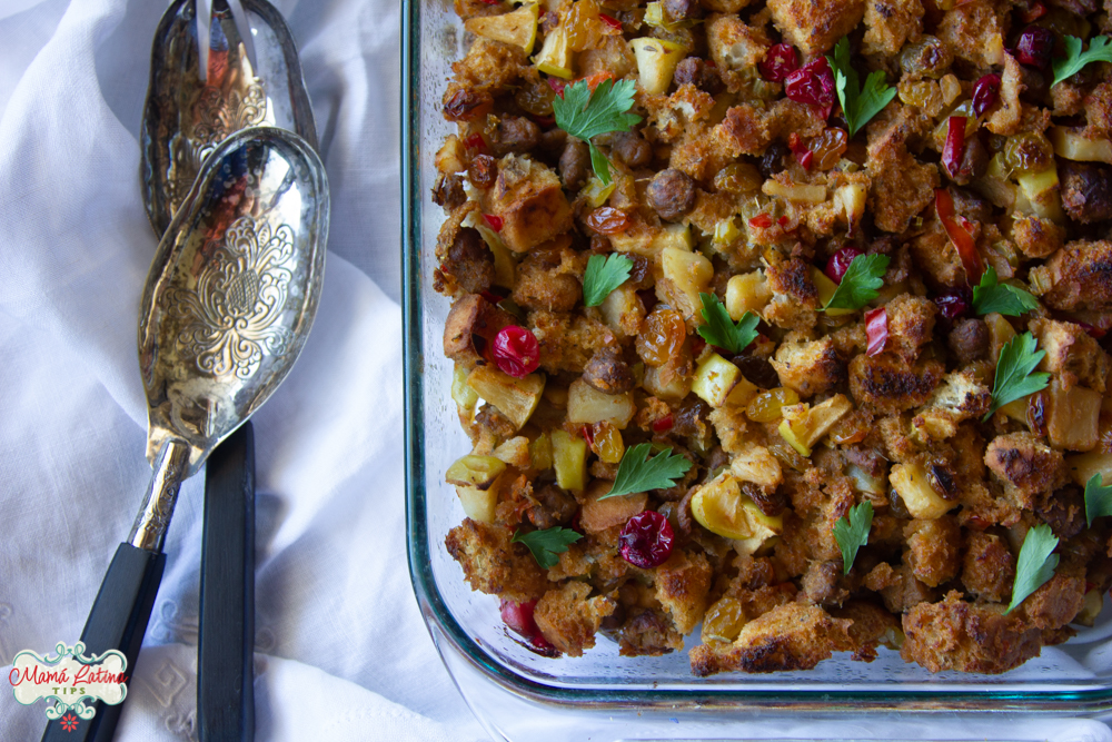 sausage focaccia stuffing with raisins on table