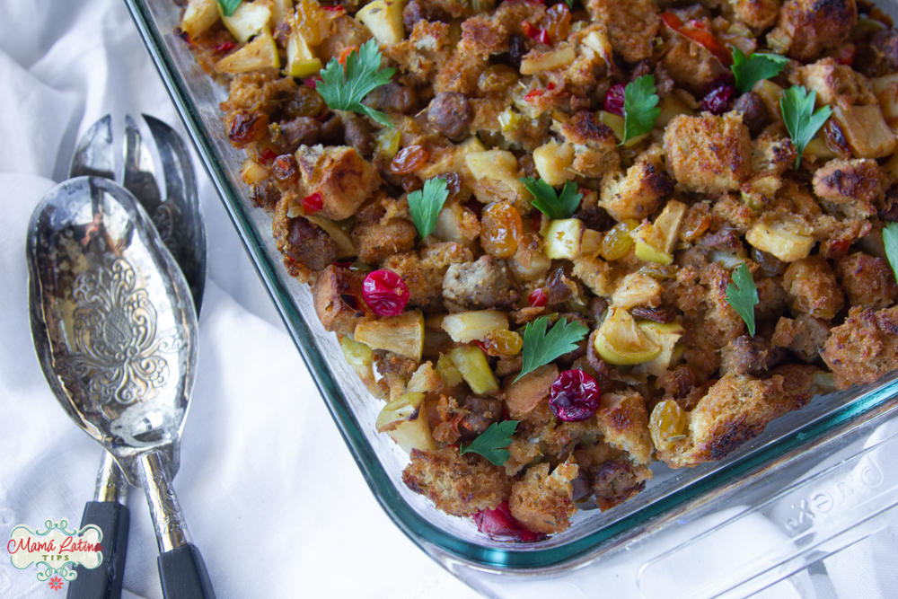 sausage focaccia stuffing with golden raisins and cranberries