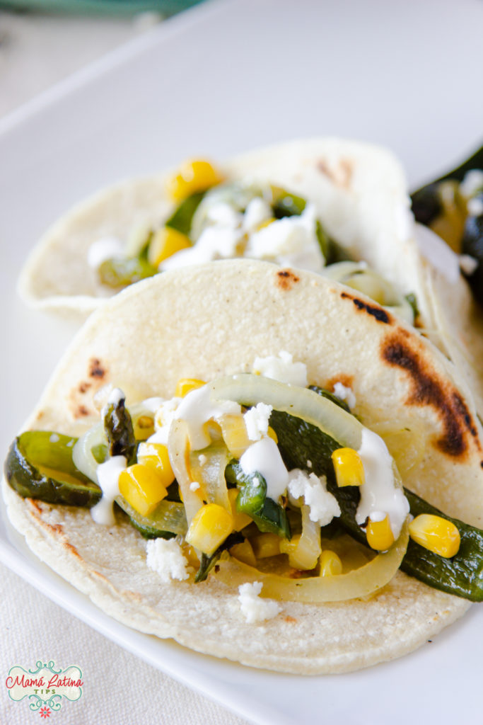 poblano and corn tacos with queso fresco and cream