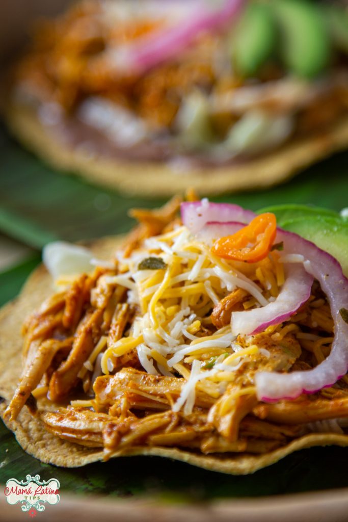 Una tostada con frijoles, pollo pibil, queso y cebolla morada