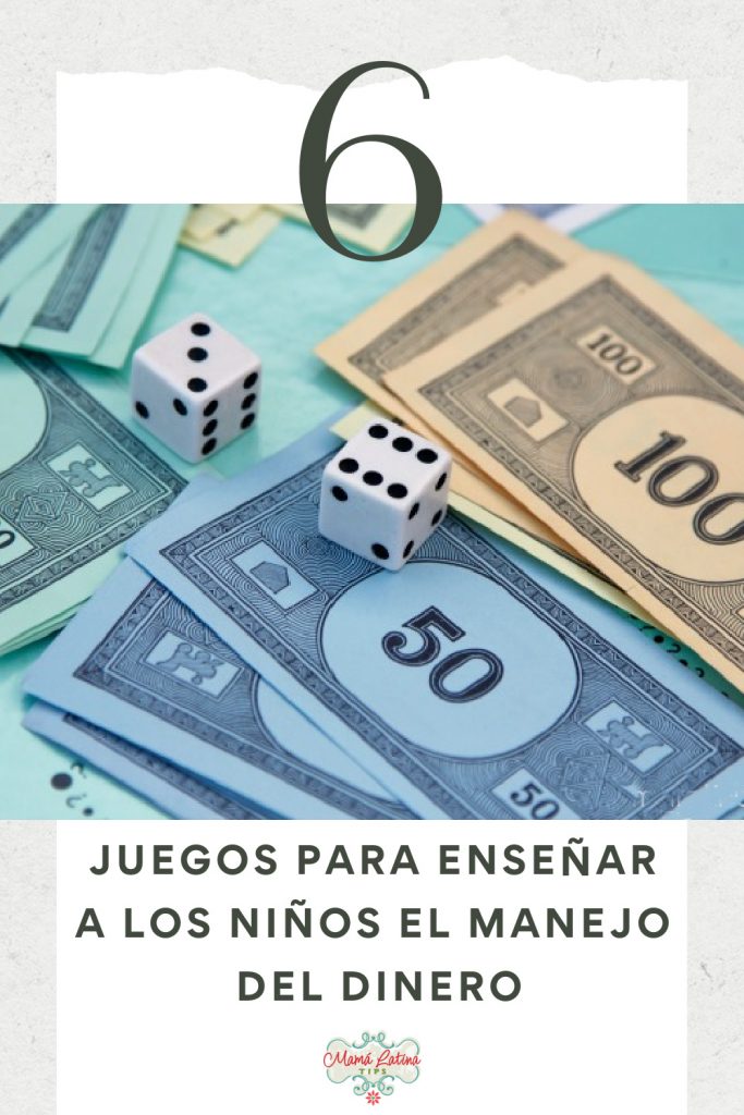 Una foto con dinero de papel y dados y que dice, juegos para enseñar a los niños el manejo del dinero. 