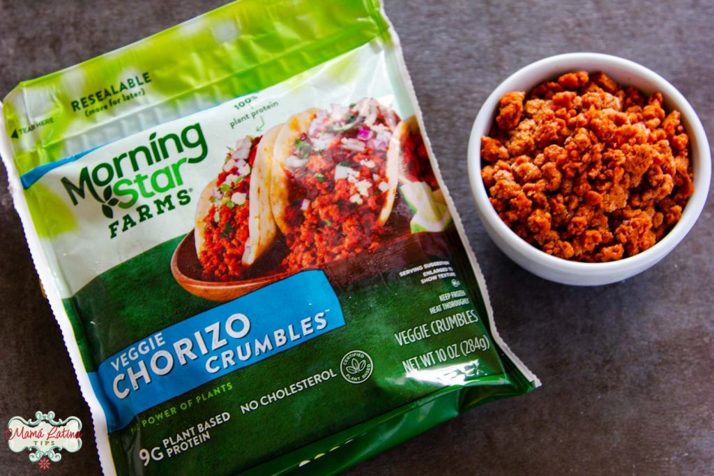 MorningStar Farms veggie chorizo bag along with chorizo in a bowl