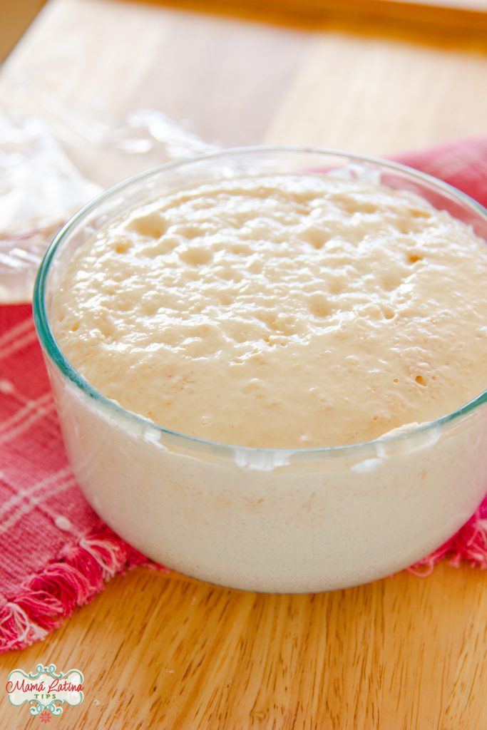 Risen yeast in a glass bowl on top of a pink kitchen towel