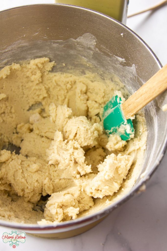 cookie dough in a mixer bowl