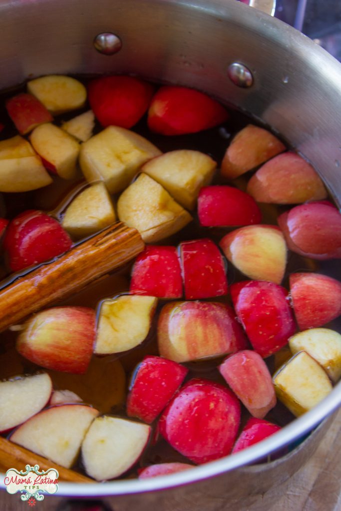 apples and cinnamon stick floating on water in a pot