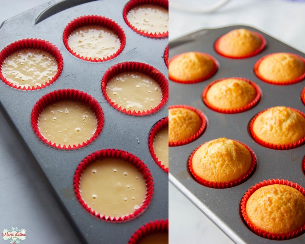 batter in muffin tins inside a red liner, before and after baking