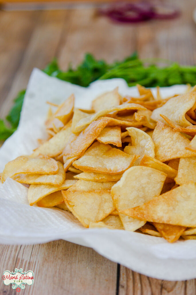 totopos o tortilla chips en triángulos sobre una servilleta de papel 