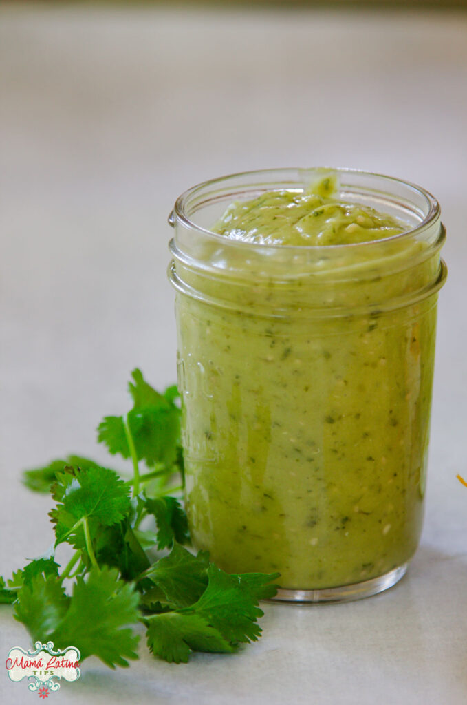 Salsa de aguacate en un vaso de vidrio junto a unas ramas de cilantro fresco