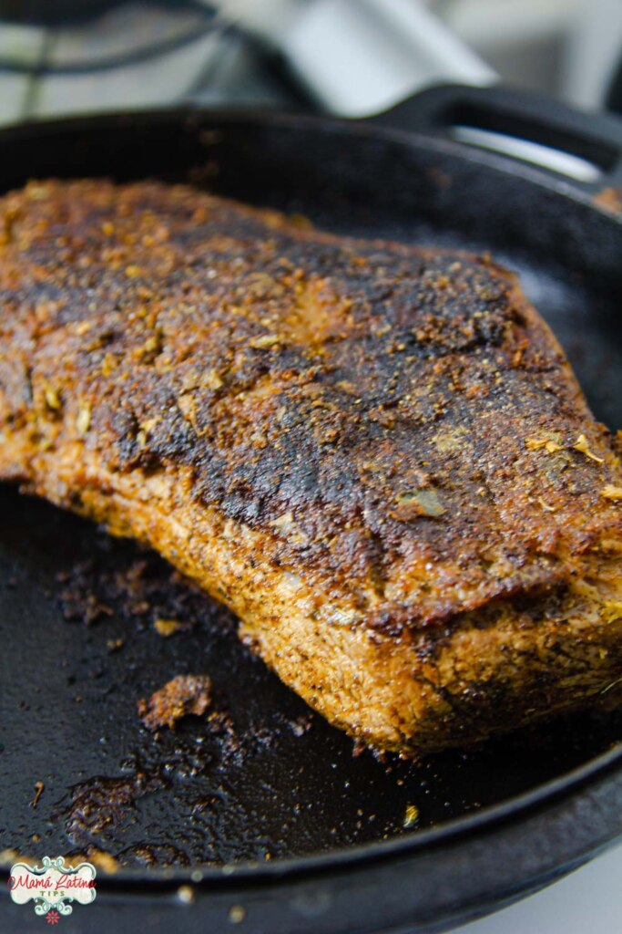 Seared tri-tip in a cast iron skillet. 