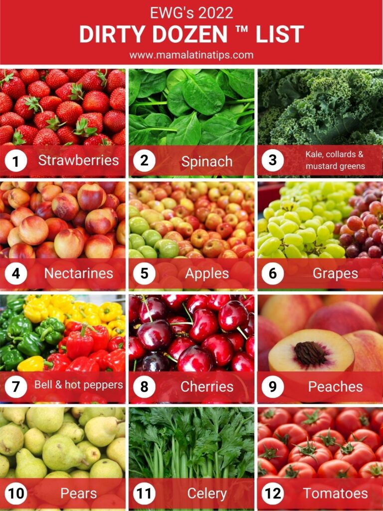 A collage of fruits and vegetables included in the dirty dozen list.