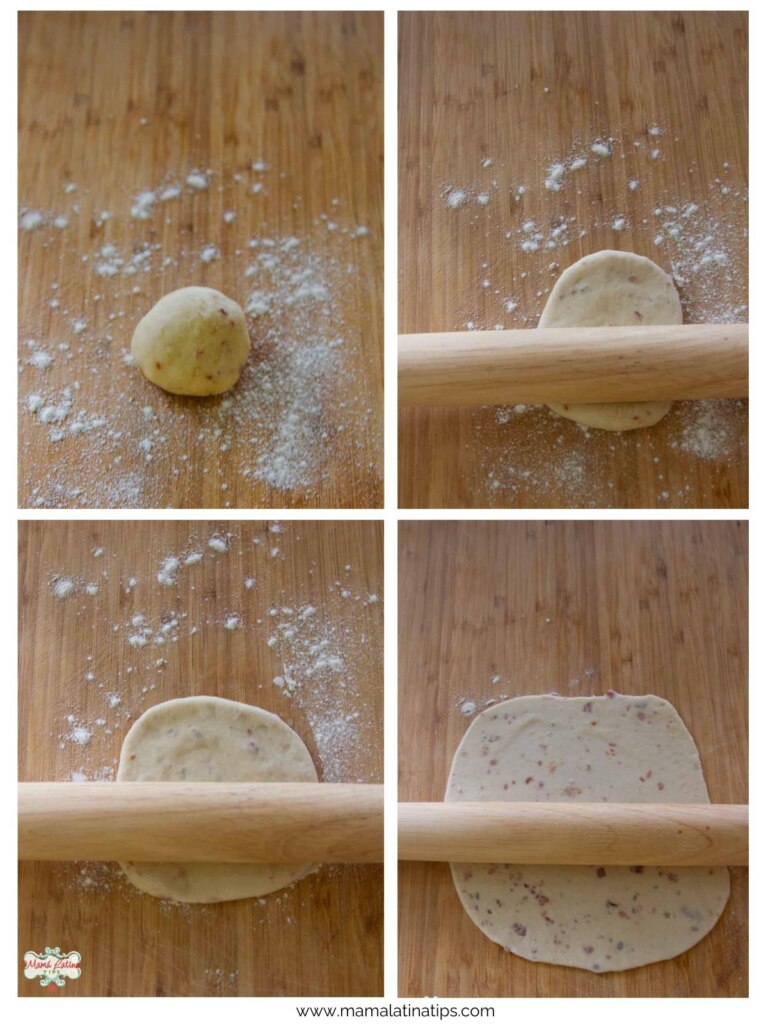 A series of pictures showing how to roll a tortilla dough ball.