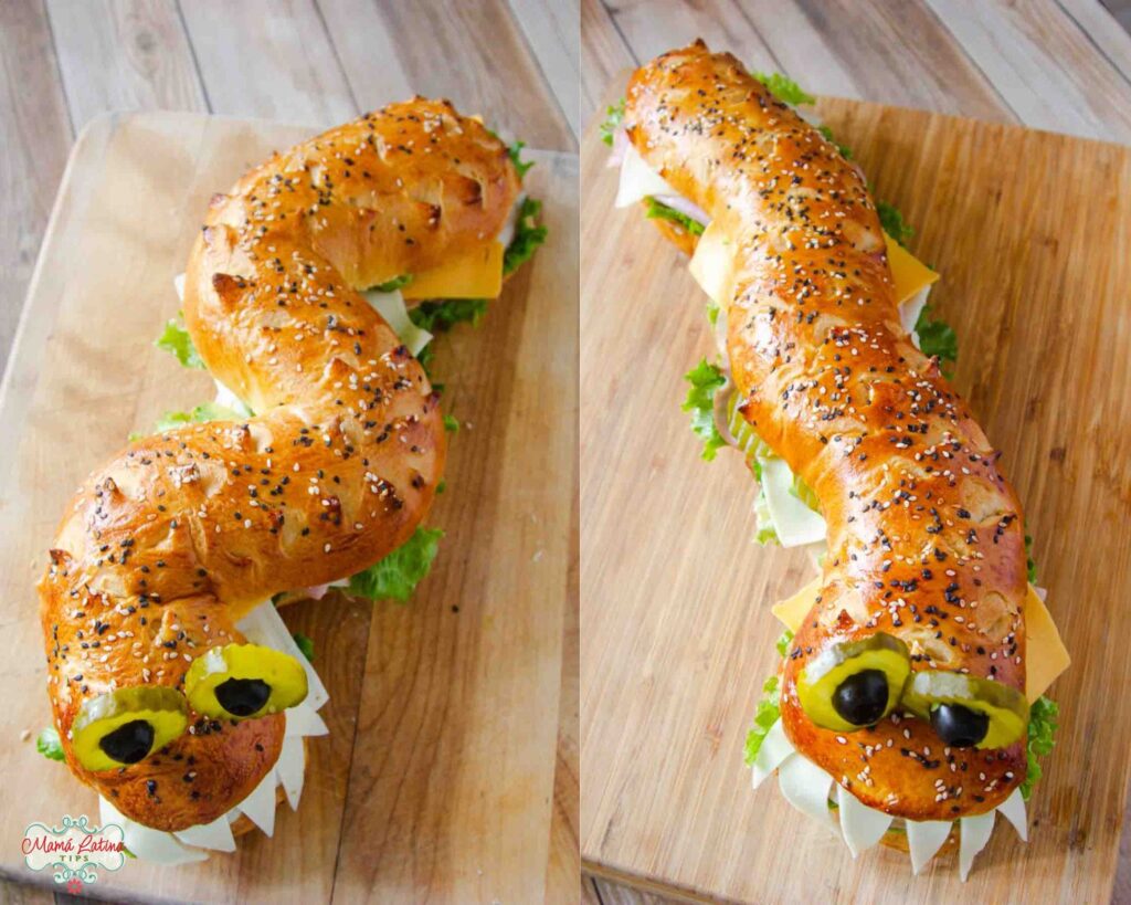 Two pictures side by side showing two different sandwich snake shapes.