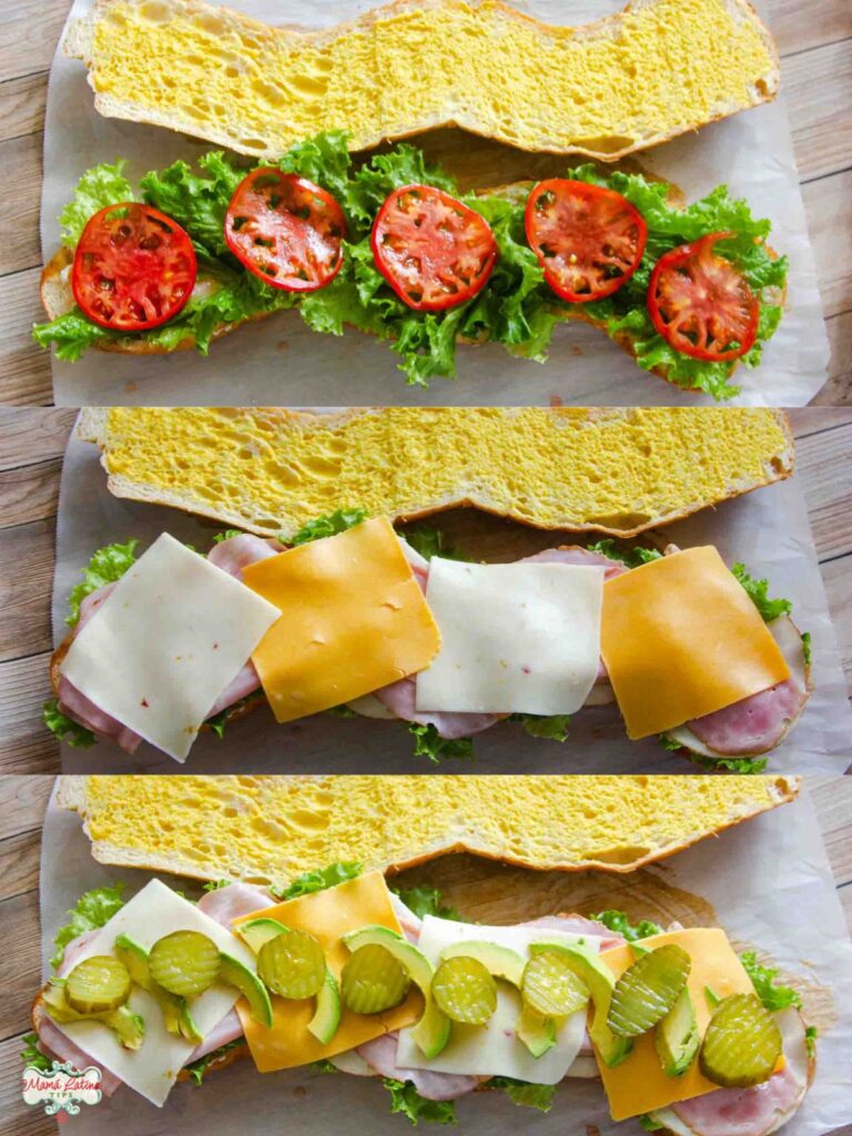 A collage with three pictures showing the fillings, ham, cheese, tomatoes, lettuce, avocado and pickles.