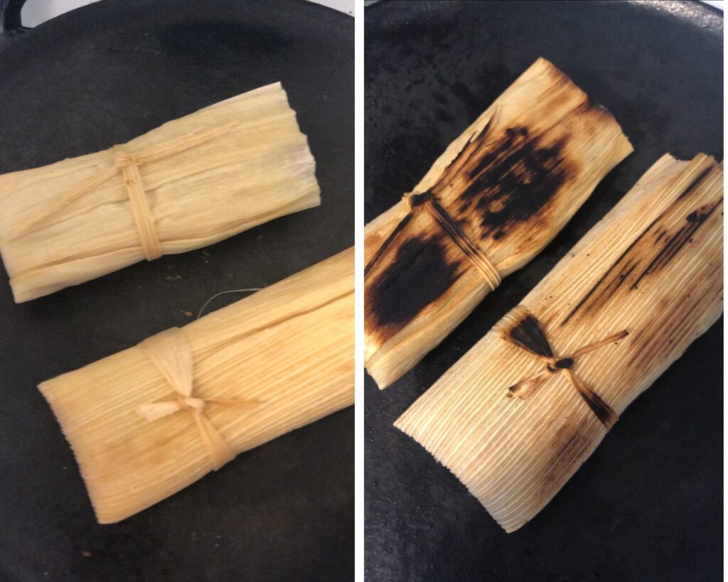 Dos fotos de tamales sobre un comal. Dos de ellos tostados.