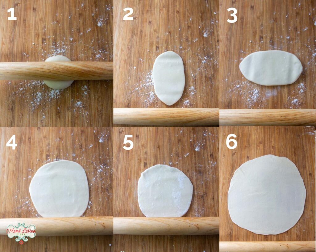 Una serie de imágenes que muestran cómo extender la masa para formar tortillas de harina.