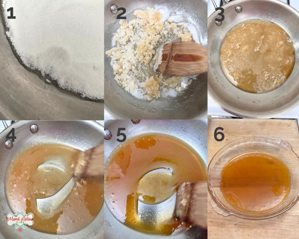A series of photos showing the process of making caramel for crème caramel