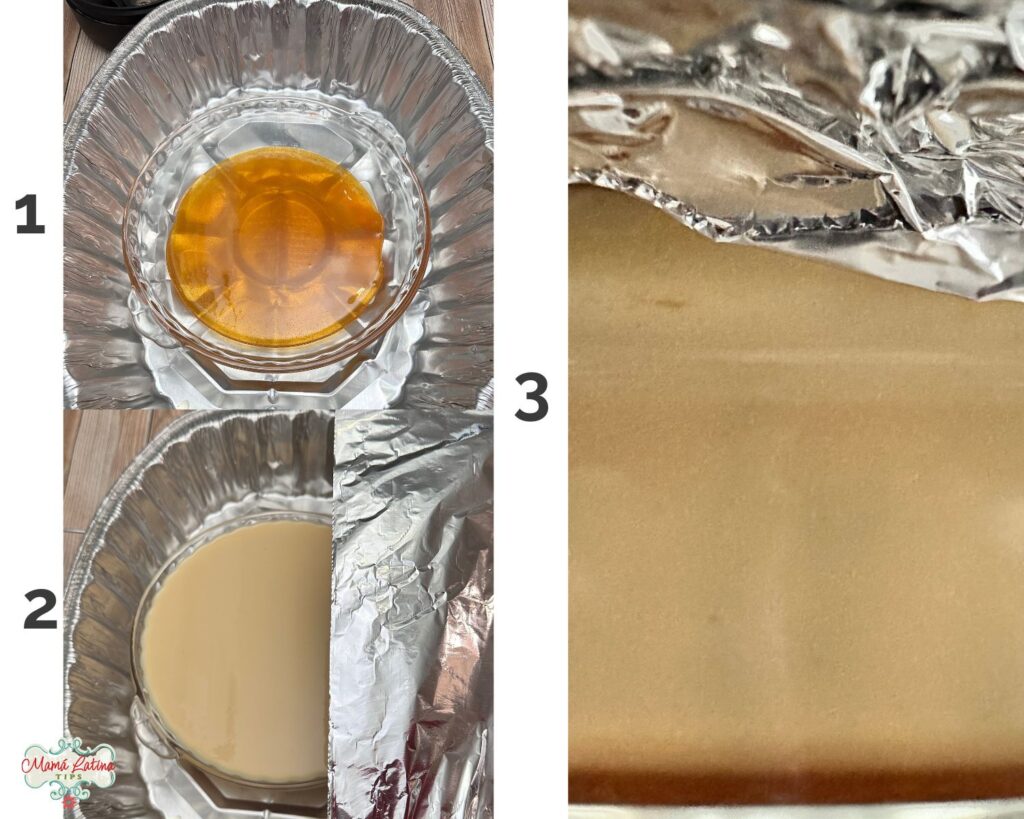 Una serie de fotos que muestran cómo cubrir el flan con papel aluminio antes de hornear.