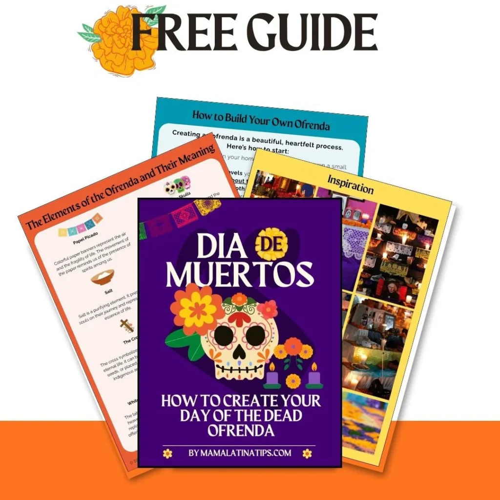 A free guide titled "How to Create Your Day of the Dead Ofrenda" with illustrated pages about building an ofrenda, its elements—including Day of the Dead bread—and inspiration.
