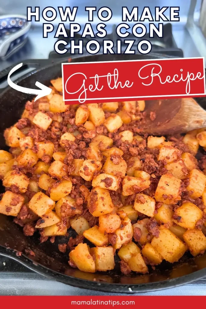 Diced potatoes and Mexican Chorizo cooking in a skillet with a wooden spoon, shown under text reading "How to Make Papas con Chorizo.