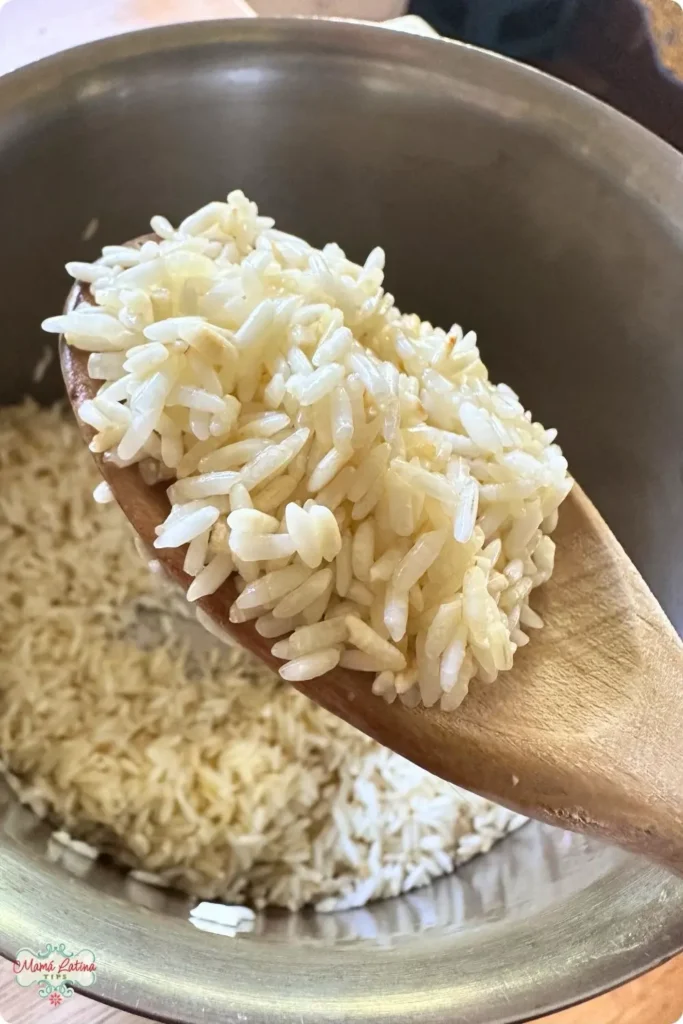 A wooden spoon holds toasted white rice over a metal pot containing more rice.